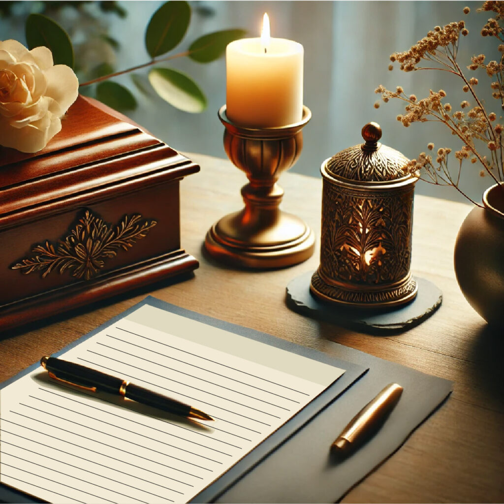 Un ambiente sereno y elegante que representa la planificación anticipada de servicios funerarios. Sobre un escritorio ordenado se encuentran documentos, una pluma y una vela encendida que aporta calidez. Un urna de madera y una delicada flor blanca transmiten respeto y tranquilidad. La escena evoca responsabilidad y preparación con un toque de paz.