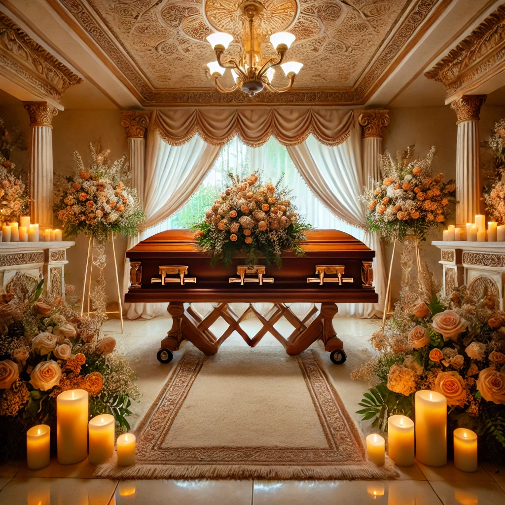Un espacio solemne y sereno donde el recuerdo y el amor perduran. La suave luz de las velas ilumina un ataúd de madera rodeado de arreglos florales, reflejando respeto y despedida con dignidad. En este ambiente de paz, el silencio habla con fuerza, brindando consuelo a quienes honran la memoria de un ser querido.